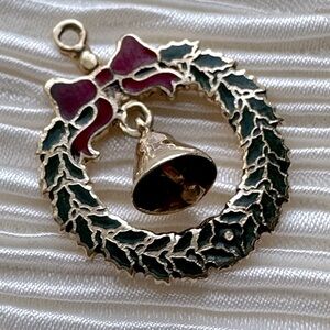 Vintage 14k Gold Enamel Holiday Wreath Ringing Bell Pendant or Charm